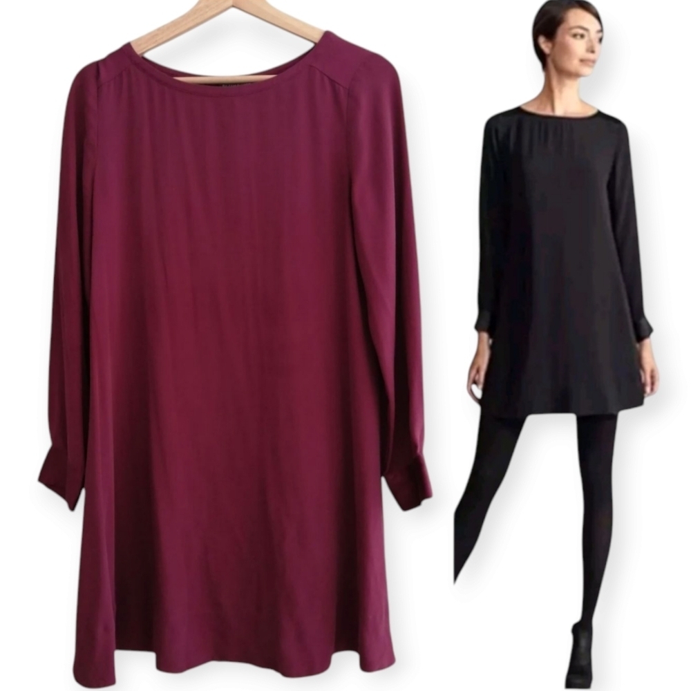 Eileen Fisher 100% Silk Long Sleeve Loose Fit Dress Burgundy/Wine Size XS
